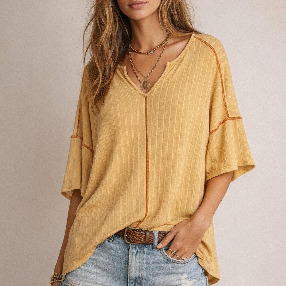 New Haptics by Holly Harper Large L Boutique Orange V-Neck Knit Short Sleeve Top